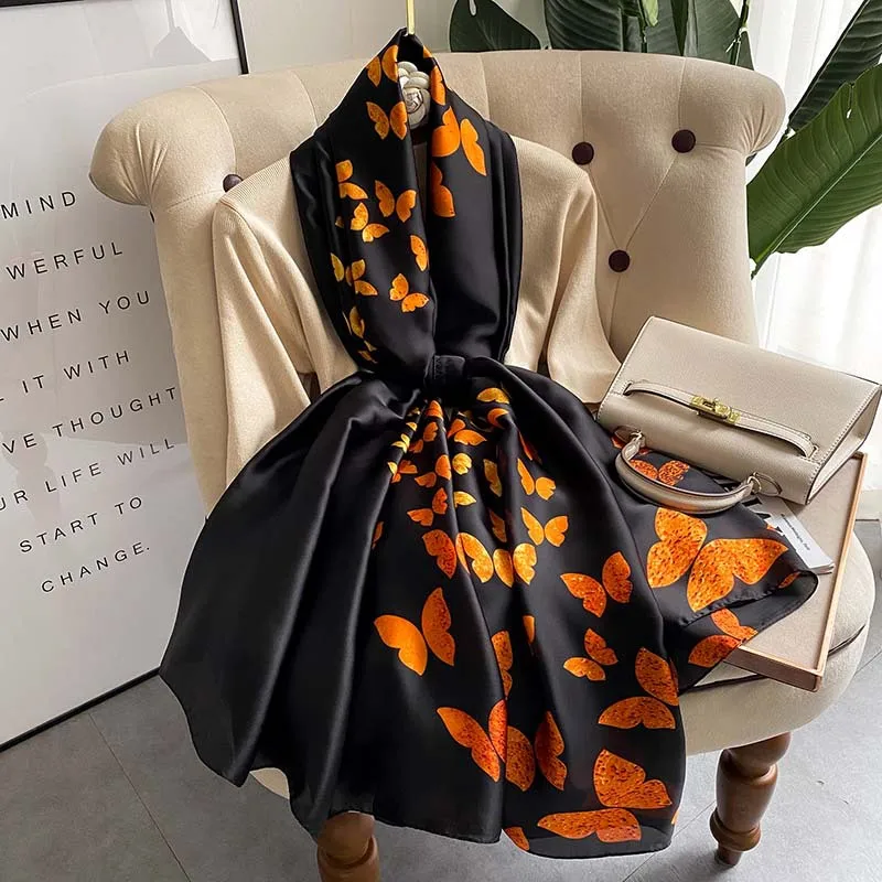 S9f7d3a989585480bad050d6c3b641f7bN 180x90cm Large Silk Satin Scarf Hijab Women Print Spring New Shawl Wrap Female Hand Foulard Pashmina Mallzona
