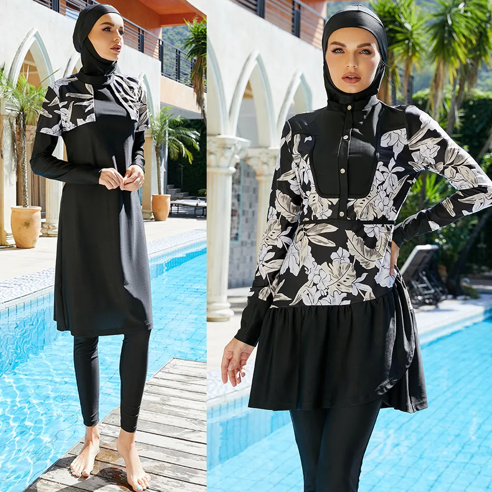 

Muslim Women Swimwear Full Cover Swimsuit 3 Piece Bathing Suit Burkini Print Swimming Costumes Islamic Long Sleeve Burkinis 3pcs