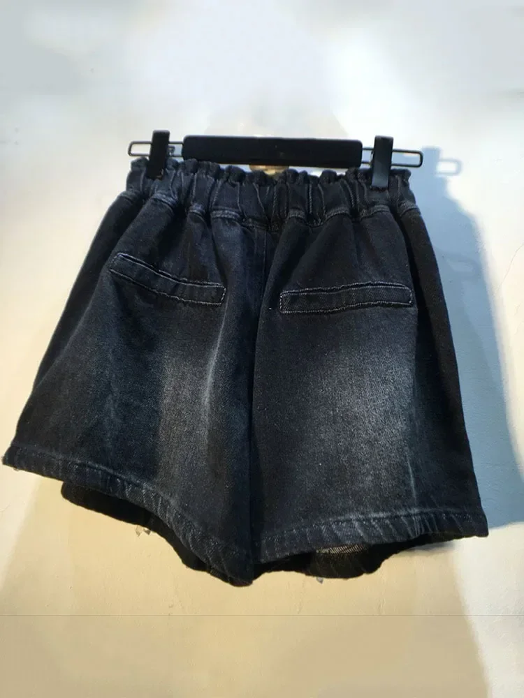 New Women Denim Shorts Beaded Diamonds Elasticity High Waist Wide Leg Solid Color Short Jeans 2024 Summer New Fashion