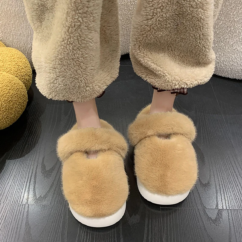 

Winter Women Fur Cotton Slippers Home Flats Platform Cozy Warm Shoes Casual Slingback Flip Flops 2024 Short Plush Women Shoes