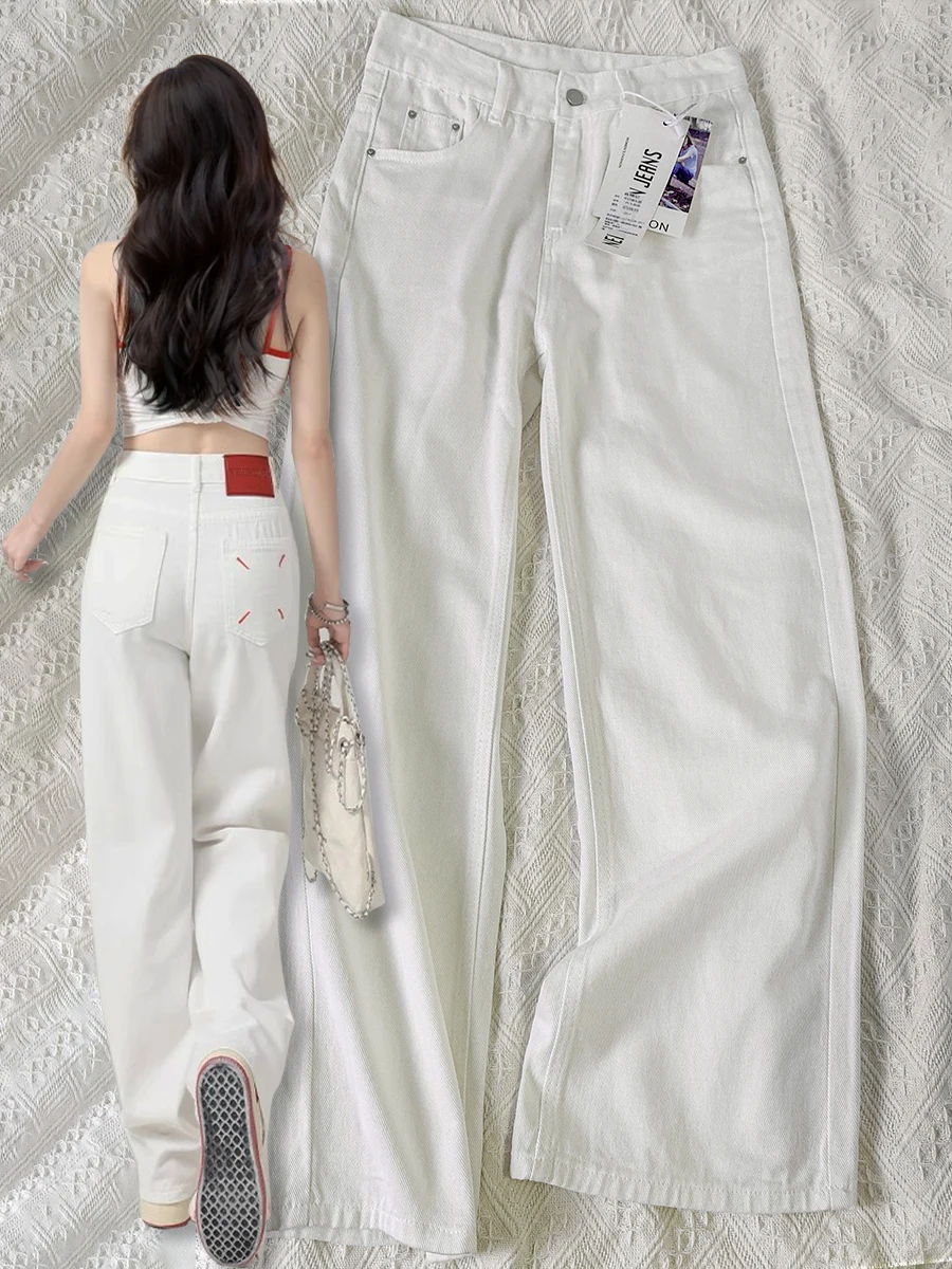 여성용 하이웨이스트 슬릿 와이드 레그 하렌 바지, 요가 바지, 체육관 레깅스, 캐주얼 솔리드 할로우 운동 바지, 체육관 홈웨어, 패션 -> 여성을 위한 다양한 운동 바지와 홈웨어 패션 제품들 11 트렌디 한 화이트 청바지 여성 여름 새로운 스트레이트 레그 드롭 허리 얇은 와이드 레그 롱 팬츠 데님 바닥 캐주얼 스타일