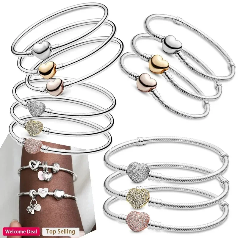 

Popular 925 Sterling Silver For Original Charm Women's Shining Dense Set Heart Shaped Bracelet DIY Charm Jewelry