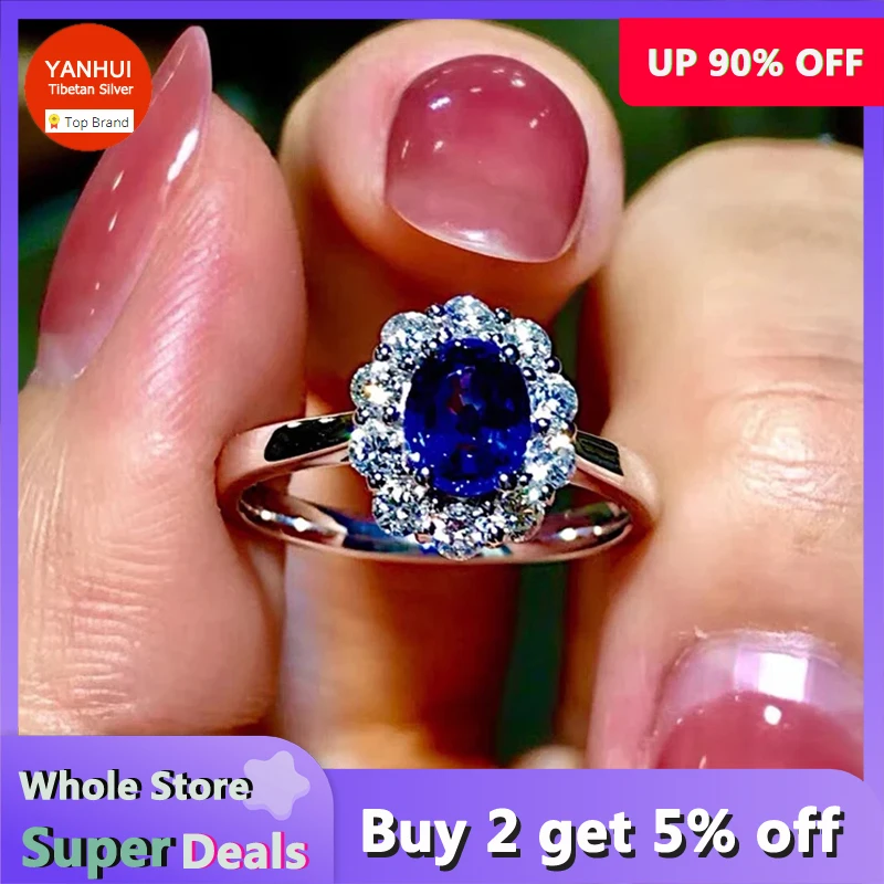 YANHUI Original Certified Tibetan Silver Rings For Women Trendy Jewelry With Blue CZ Zirconia Flower Shaped Engagement Ring