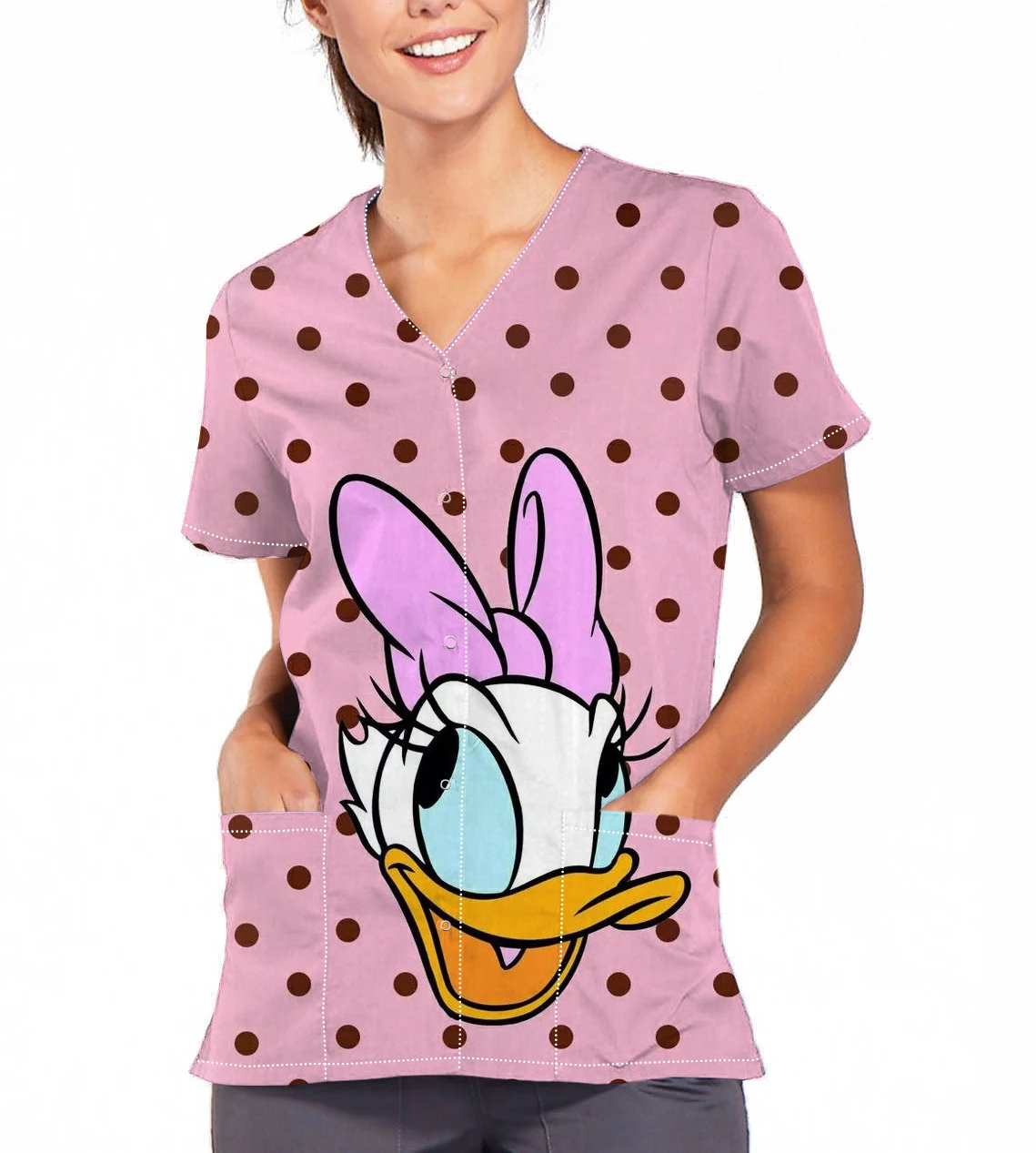 

V-Neck Print Scrub Top Disney Donald Duck Daisy Print Nurse Clothes Laboratory Pet Shop Work Clothes Fashion Slim Fit T-Shirt