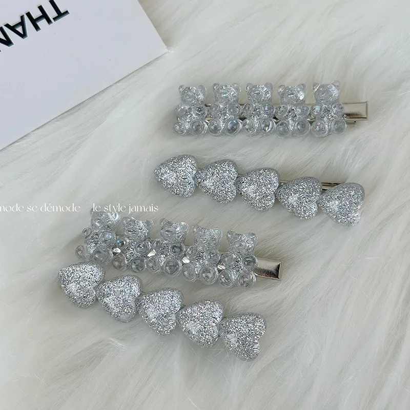 2pcs Set New Hair Clip Cute Glitter Heart Bear Geometric Barrettes Hairpin Korean Women Accessories Headwear Side Pins