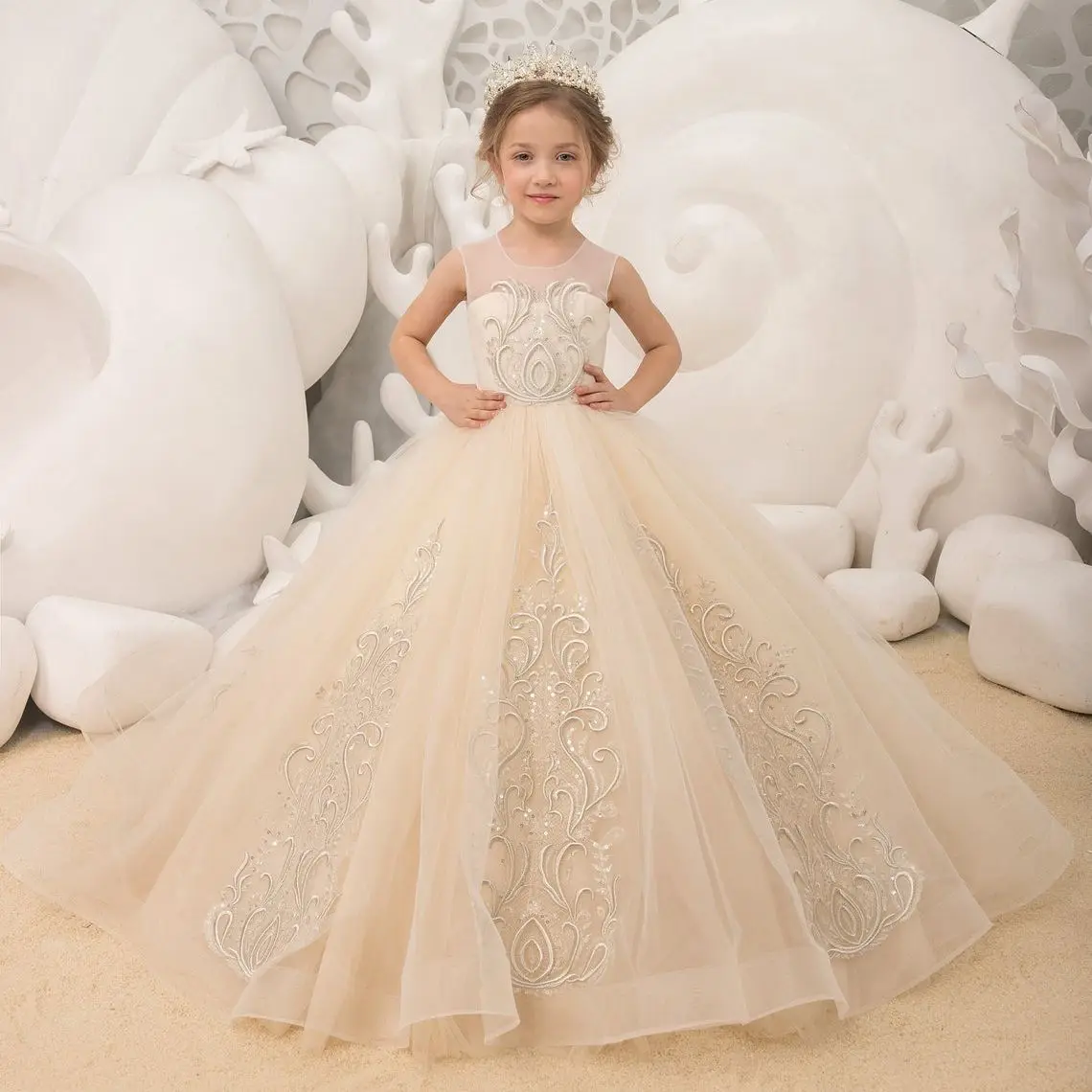 

Champagne Lace Flower Girl Dresses For Wedding Jewel Neck Toddler Girls Pageant Dress Kids Formal Party Wear Birthday Gowns