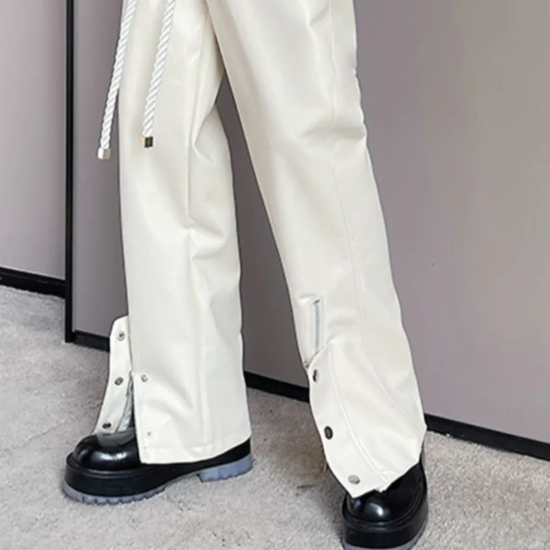 Men PU Leather Pants Button Zipper Thick Rope Decoration Streetwear Windproof Straight Trousers Punk Trend Baggy Pantalon