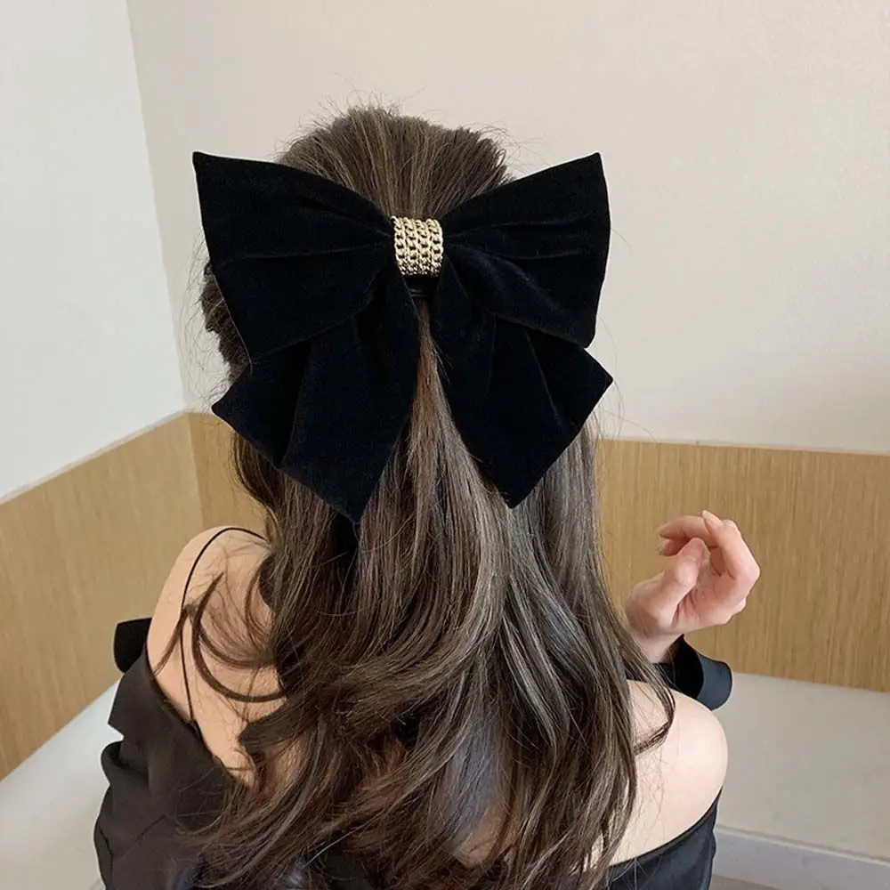 Sweet Elegant Velvet Metal Chain Wine Red Hair Ornaments Hair Clip Korean Style Hair Clip Velvet Bow Barrettes Women Hair Pins