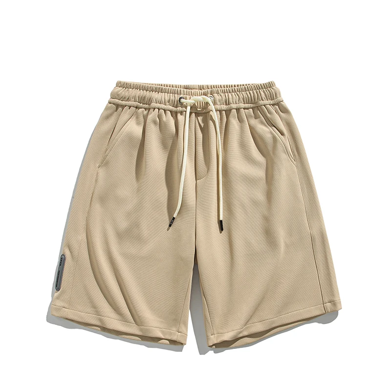 2024 Trendy Summer Simple American Waffle Solid Men's Loose Pocket Drawstring Elastic Elastic Waist Casual Knee Length Shorts
