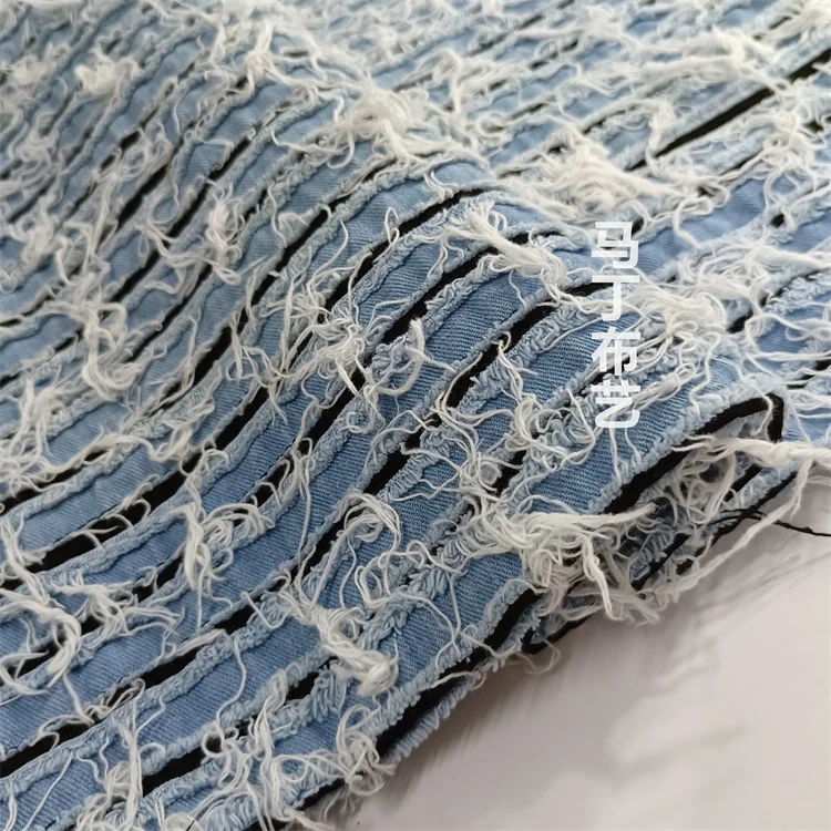 Fashion Tassel Denim Fabric Beggar Destructive Cut Flower Fabric Thickened Designer Fabric Diy