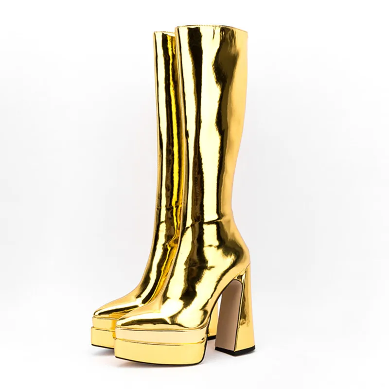 

Sexy Gold Women Boots Crude Heel Back Zipper Solid Color Female Knee High Boots Pointed Toe Thick Bottom High Heels 2024 Trend