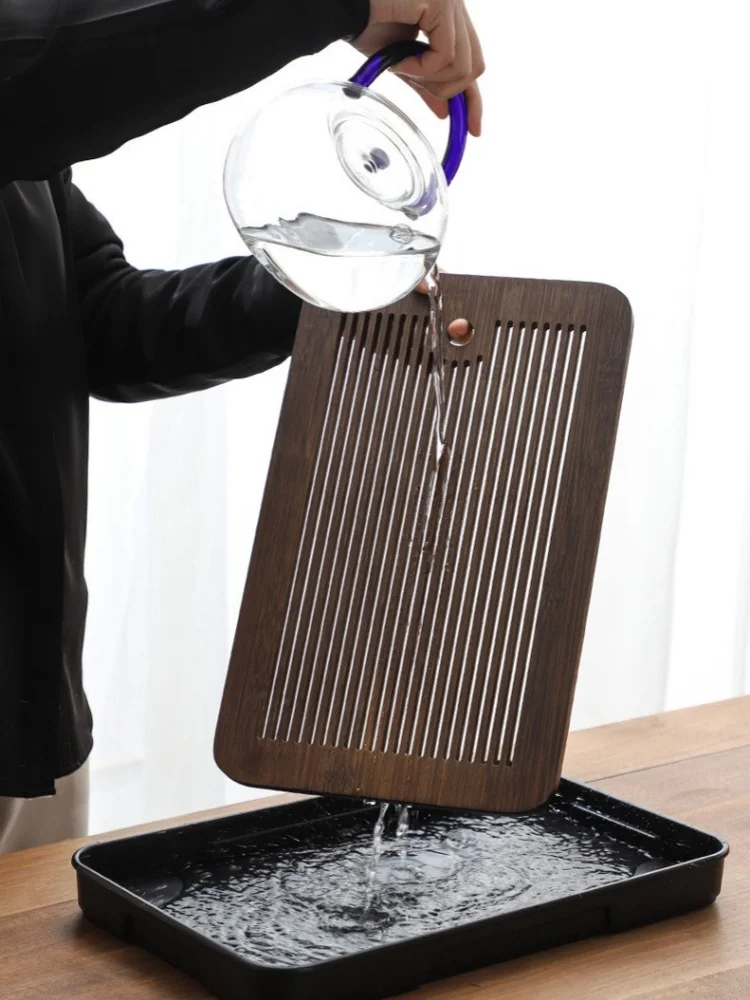 Description Picture 3 of item1Pcs Portable Bamboo Tea Tray Small Household Tea Tray Simple Kung Fu Tea Set Drainage Storage Drainage Dry and Wet Dual Use