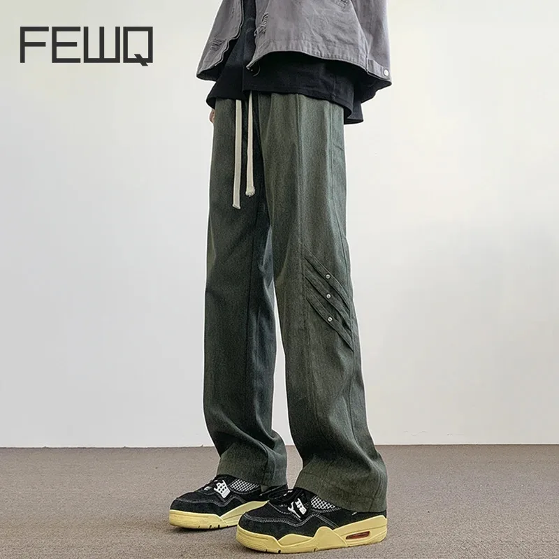 

FEWQ High Washed Cotton Large Men Casual Pants 2024 Solid Color Straight Leg Male Trousers Elastic Waist Korean Fashion 24X8382