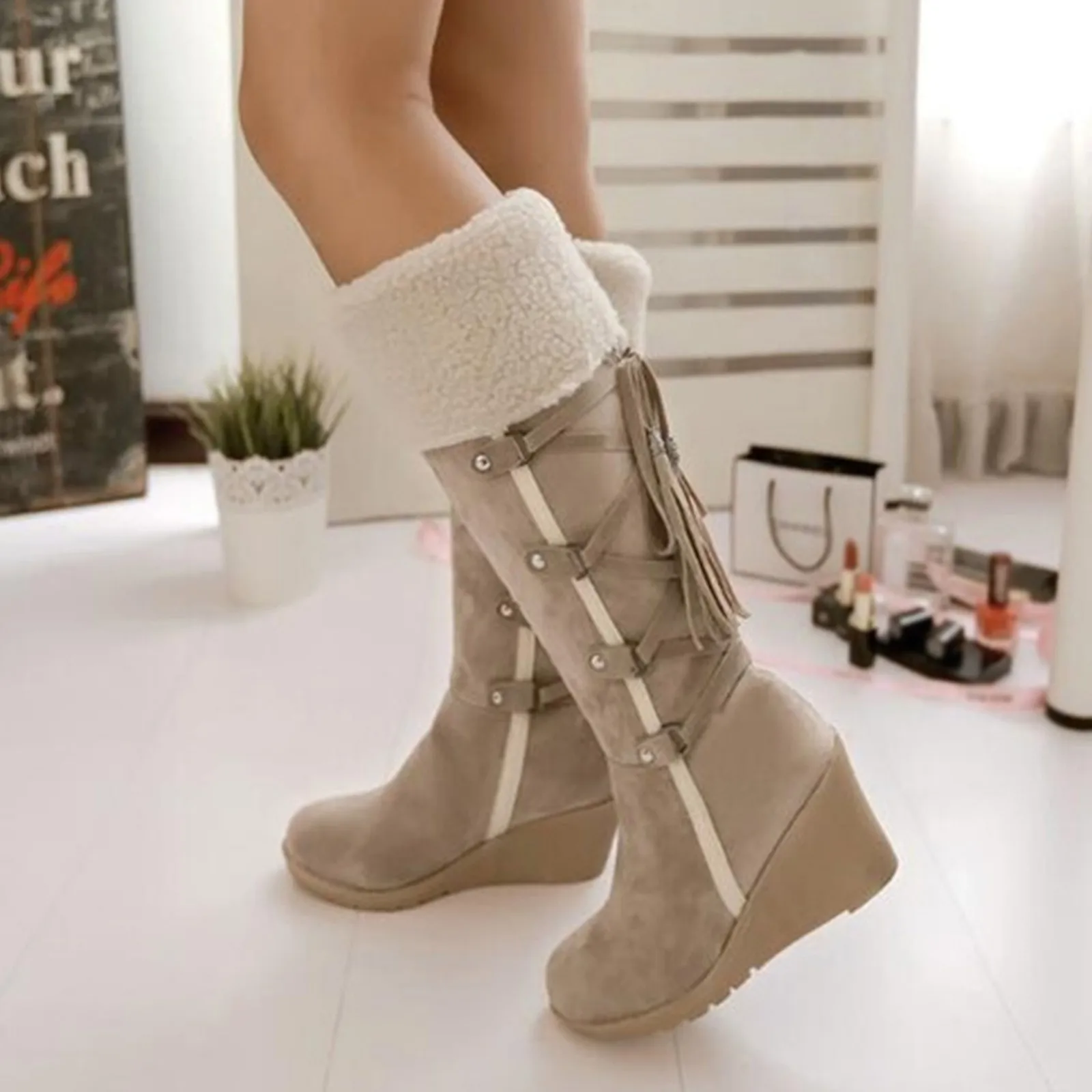 Women'S Cotton Long Knee-Hign Wide Calf Vintage Boots.