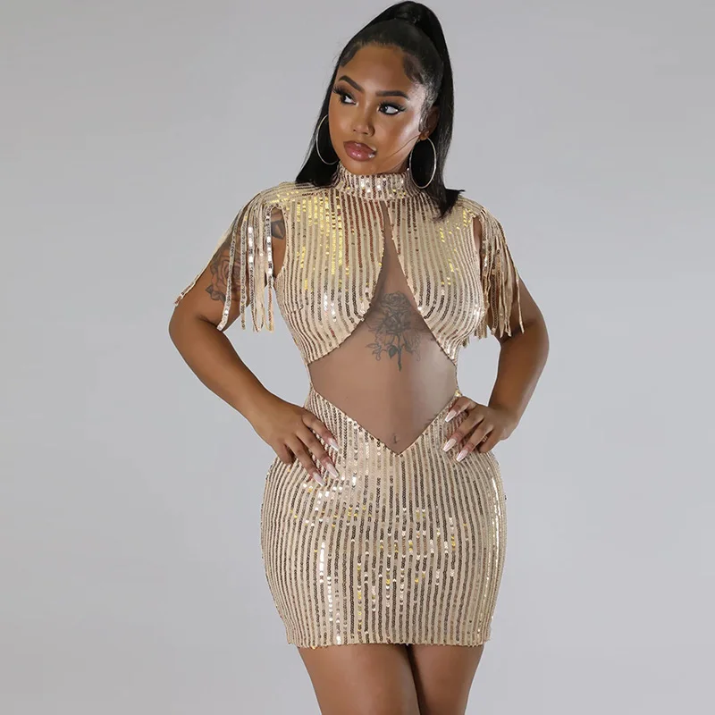 

Bling Bling Sexy Sequin Dress Women Party Night Club Birthday Dresses Sleeveless Tassel Mesh Sheer Patchwork Bodycon Mini Dress