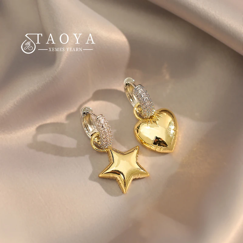 Europäisches und amerikanisches Design, asymmetrische Farbkontrast-Stern-Herz-Anhänger-Ohrhänger für Damen-Modeschmuck im Jahr 2025