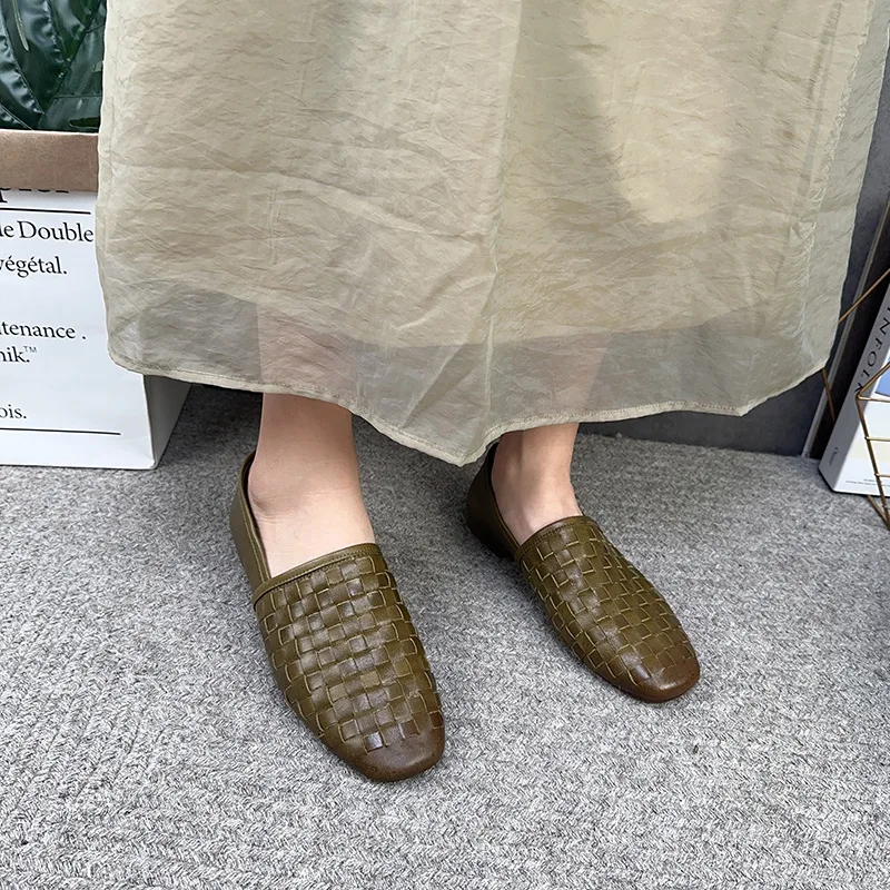 

YourSeason Ladies 2023 Vintage Genuine Leather Woven Shoes Handmade Women Shallow Soft Sole Casual Slip-on Flats Round Toe