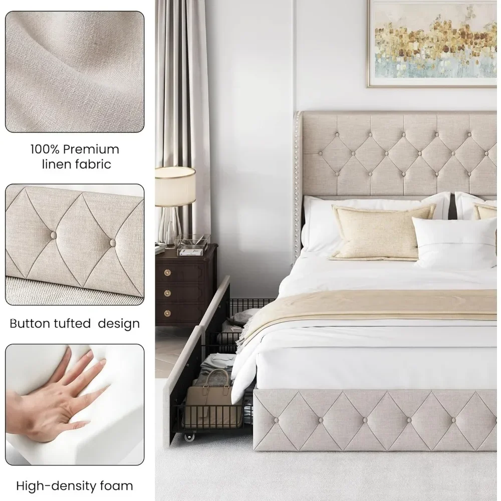Bed Frame with 4 Storage Drawers and Tufted Headboard Linen Upholstered Frame Wingback Beds with Wooden Support, Easy Assembly 6