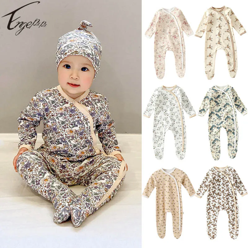 

2023 New Style Spring Autumn Baby Boys Girls Long Sleeves Rompers Printed Floral Jumpsuit Footies Baby Boys Girls Outfit Romper