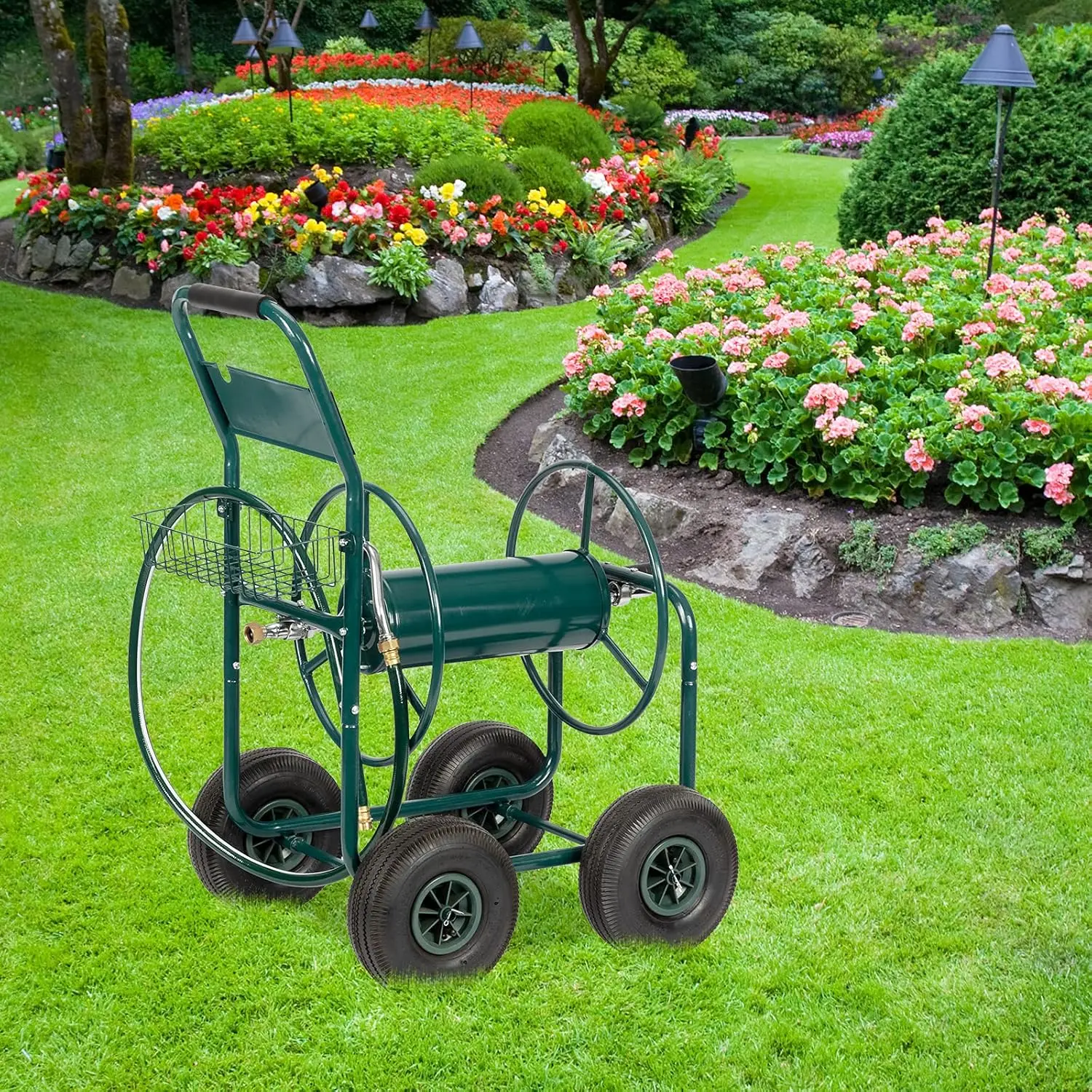 Hose Reel Cart, Hold Up to 300 ft of 5/8’’ Hose，Garden Water Hose Cart with 4 Wheels, Heavy Duty Powder