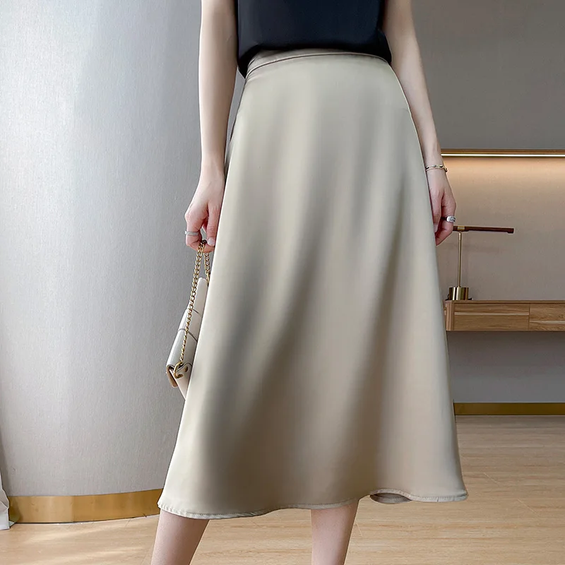 Women's skirt spring/summer new style silk satin skirt casual solid color women's clothes Korean style and calf A-line skirt