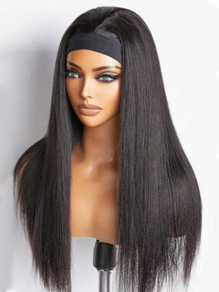 Headband Wig Human Hair Straight 20 Inch Headband Wigs for Women None Lace Front Human Hair Natural Black 200% Density