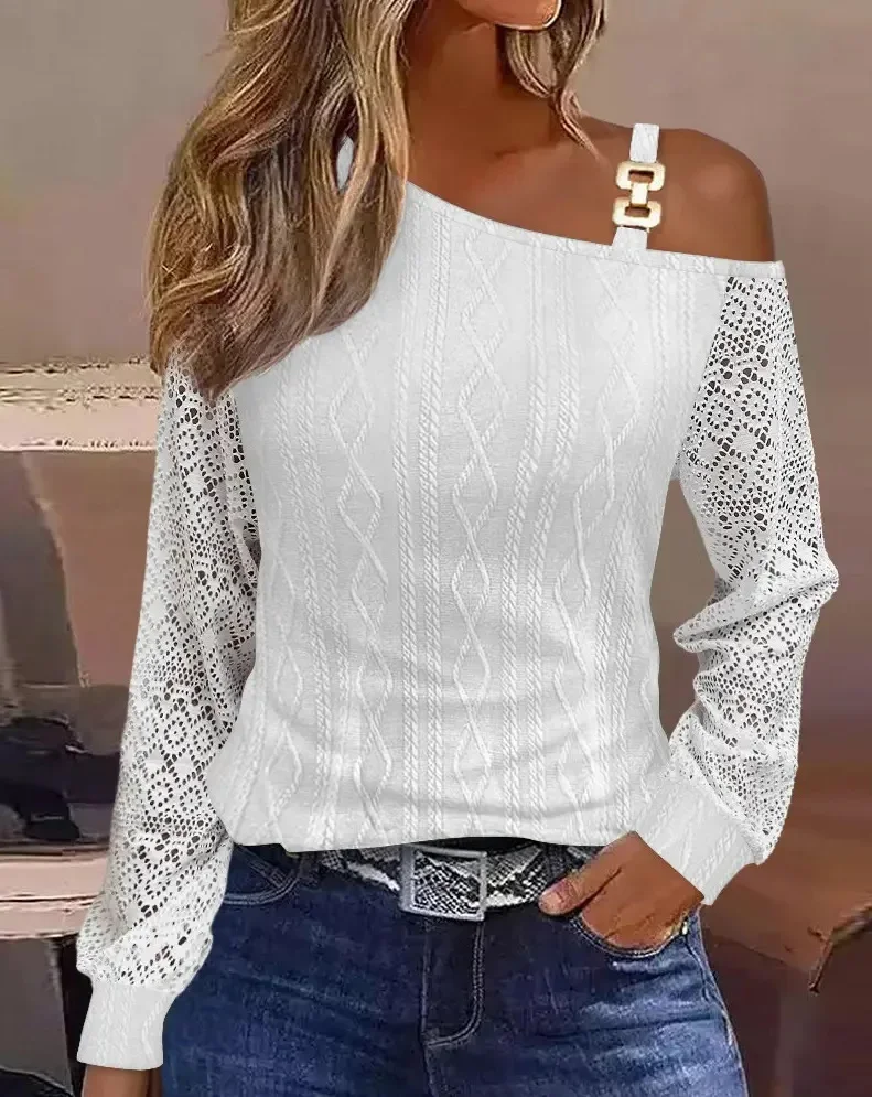 

2023 Autumn New Women's Fashion Elegant Simple Versatile Comfortable Metal Button Oblique Shoulder Collar Shirt Top