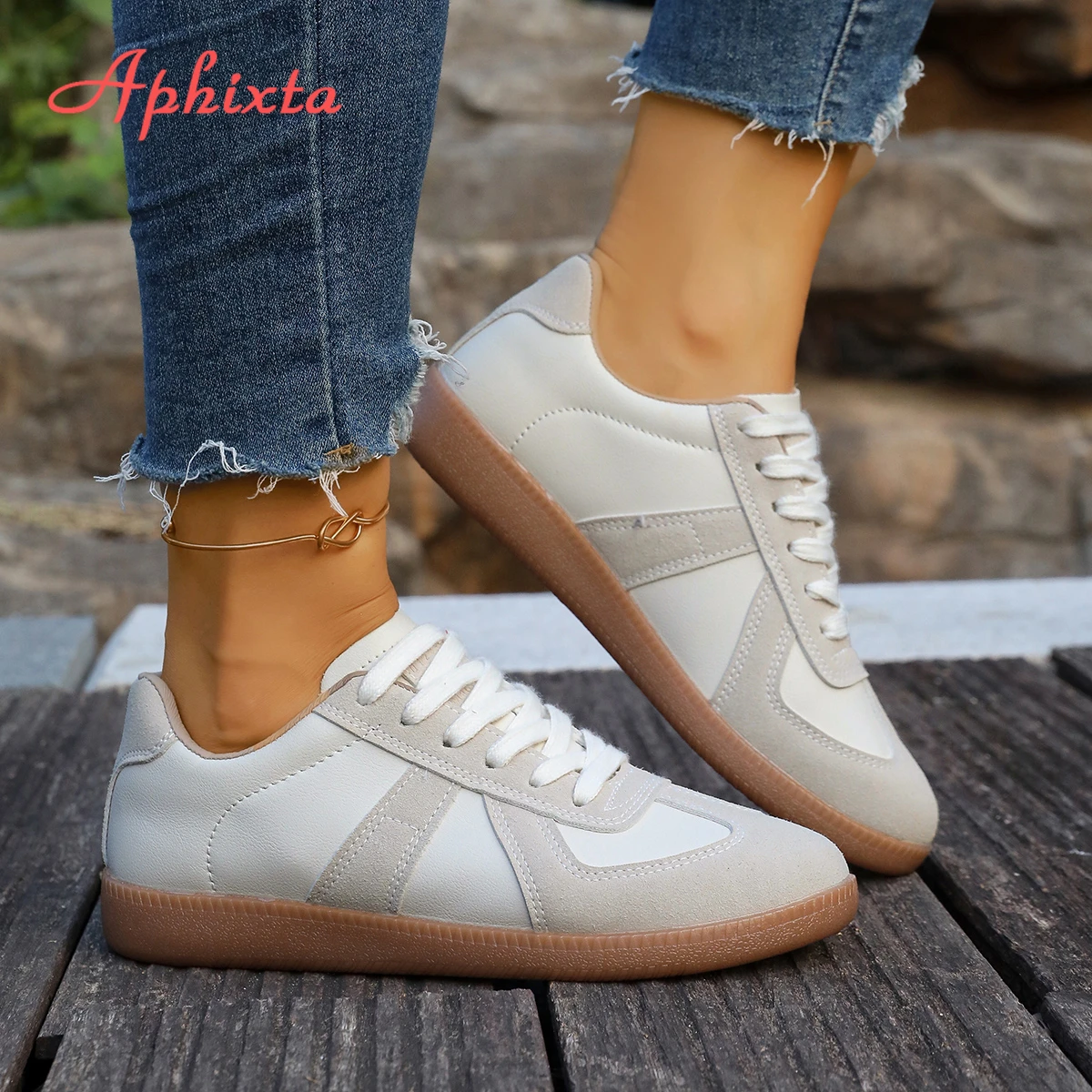 Aphixta 2025 Classic Woman Casual Shoes Beige Lace Up White Shoes Light Weight School Student Shoes Big Size 44 Sport Footwear