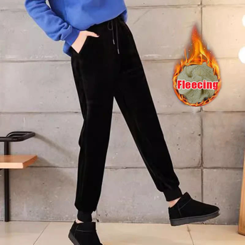 Lamb Fleecing Drawstring Elastic Waist Pencil Pants Solid Casual Warm Black Long Pant Winter Youthful Woman Clothing Trouser New