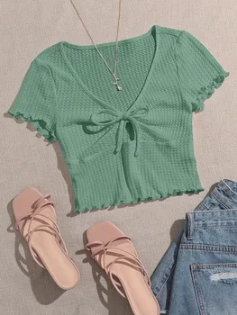 2025 Summer Women's Knit Crop Top V-Neck Cute Bow Blouse Short Sleeve Y2K Sweet Casual Tee T-Shirt Streetwear Fashion Clothes 1