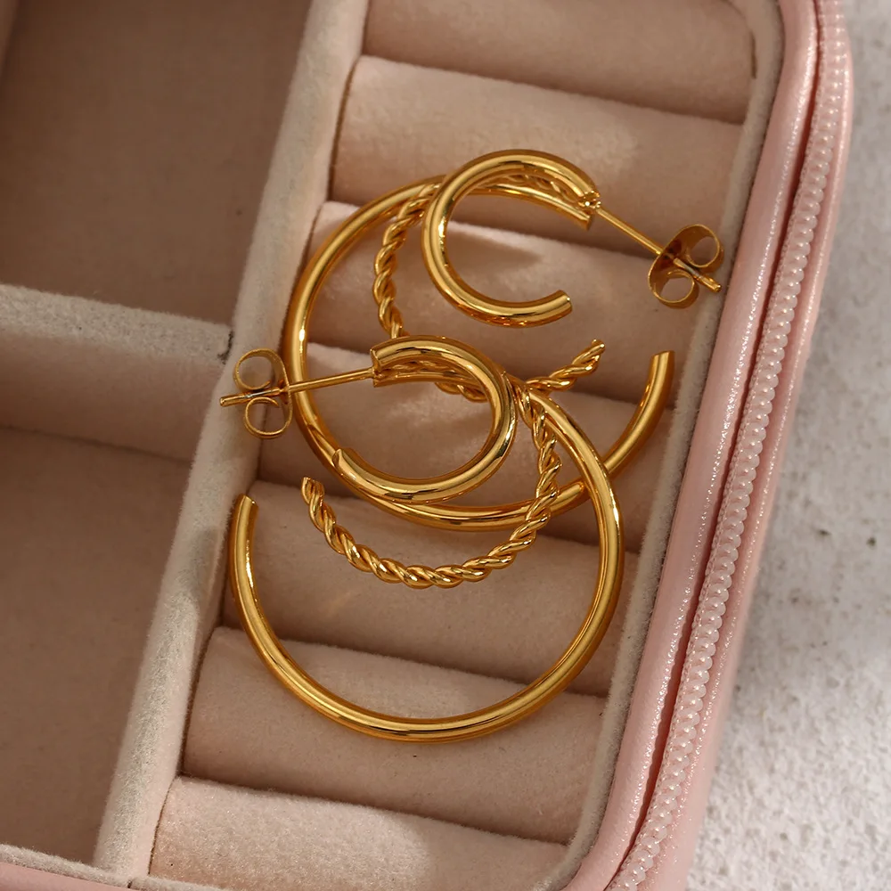 Fashion Personalized Earrings Jewelry Stainless Steel 18K Gold Plated Multi-Layer Hollow Out Fried Dough Twist C-Shaped Earrings