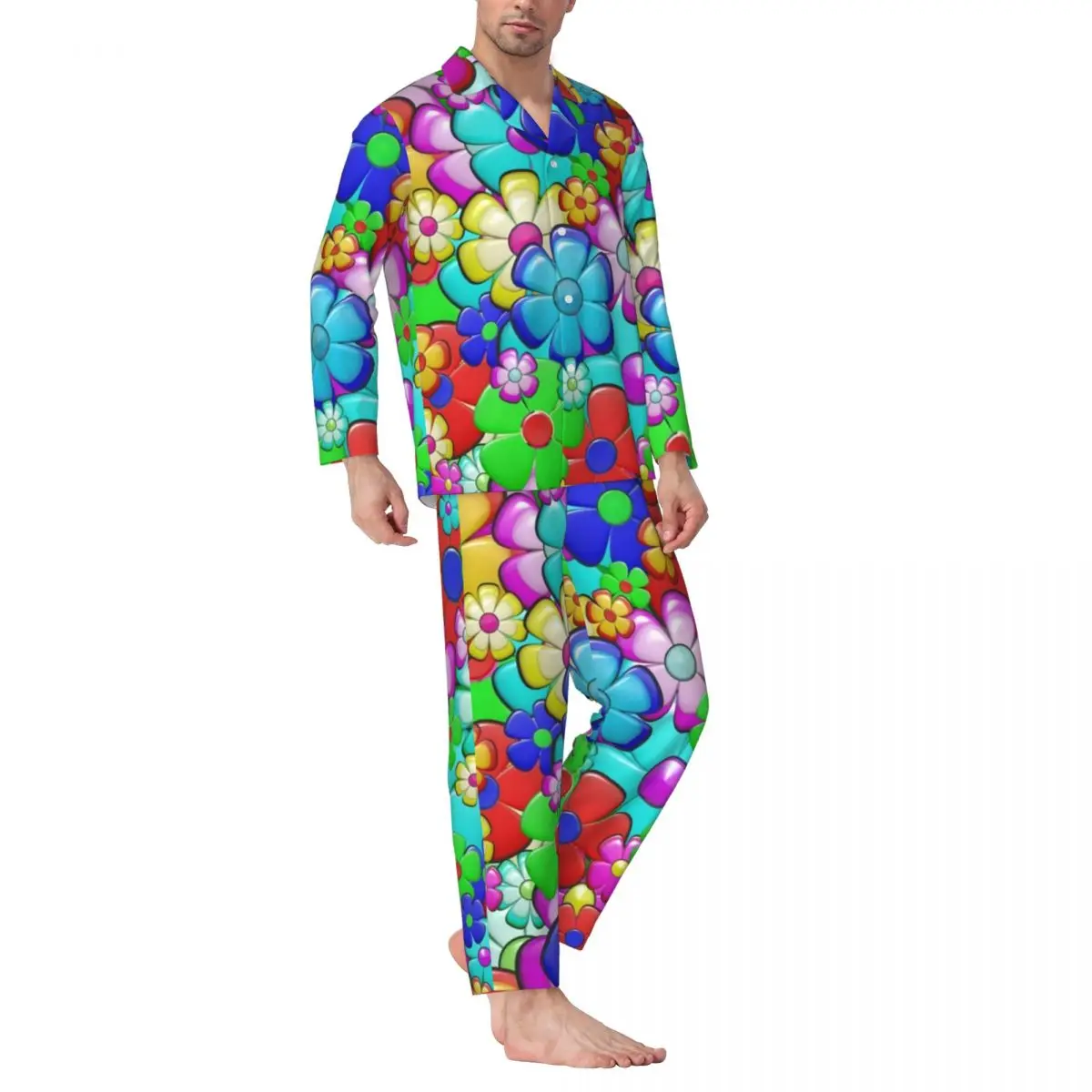 

Pajamas Men Hippie Retro Peace Room Sleepwear Colorful Flower Print 2 Pieces Casual Pajama Sets Long-Sleeve Oversized Home Suit