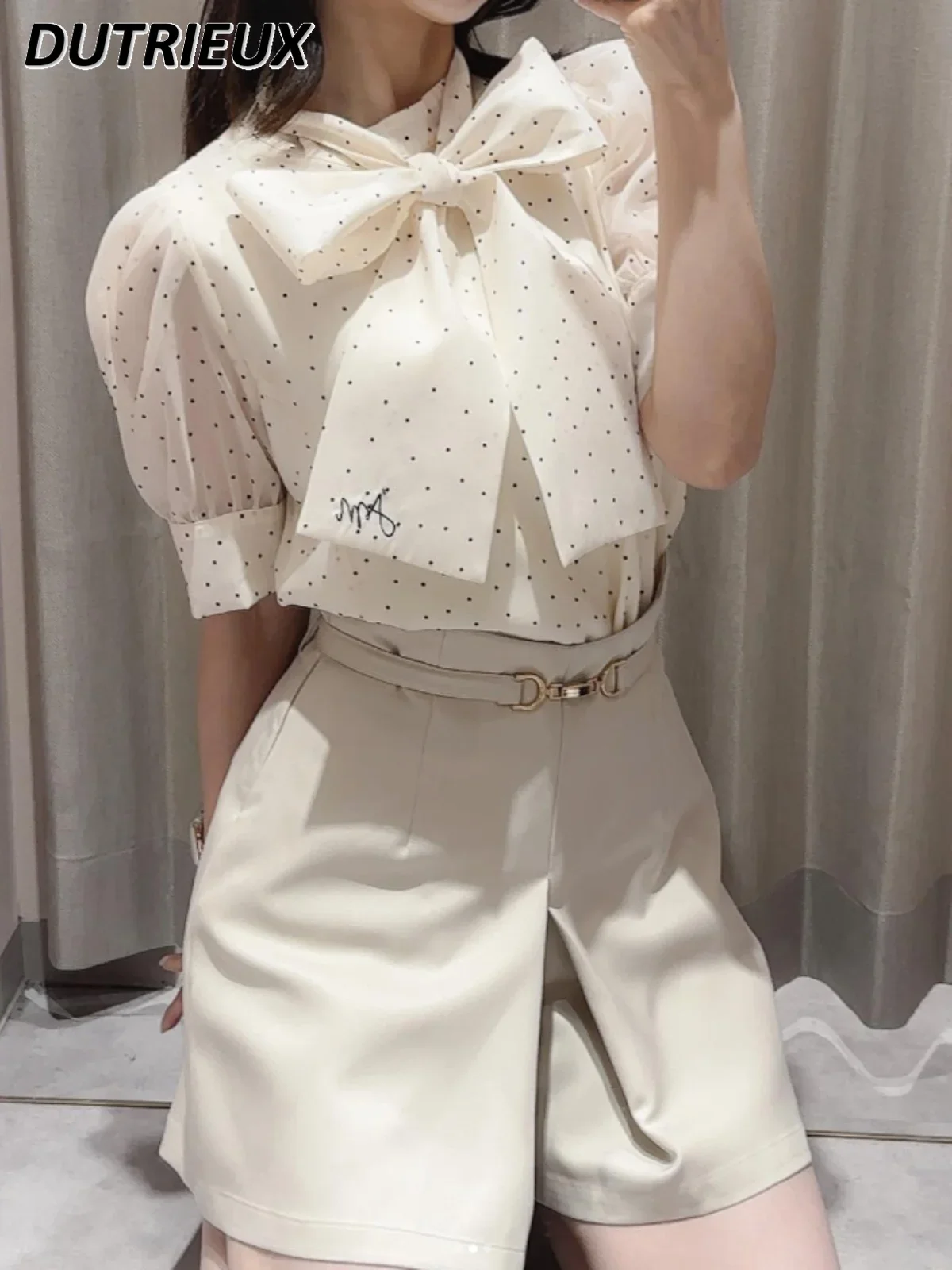 Summer 2023 New Japanese Style Casual Elegant Blouse Bow Half Turtleneck Shirt Lace-up Embroidered Short Sleeve Top for Women