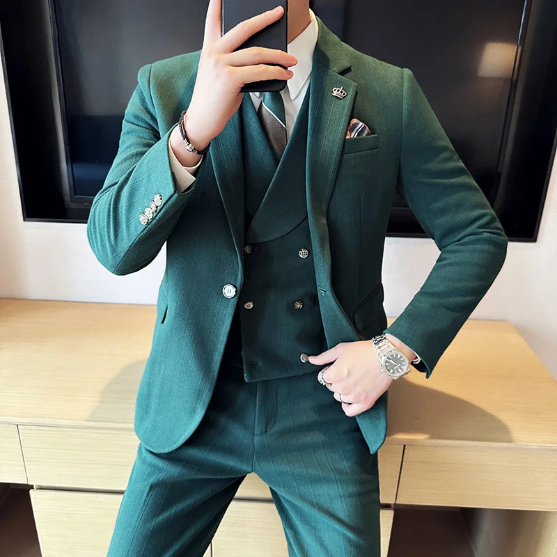 

4XL 5XL(Blazer+Vest+Trousers) Men's Elegant Fashion Business A Variety of Gentlemen Casual Formal Woolen Suit Three-piece Suit