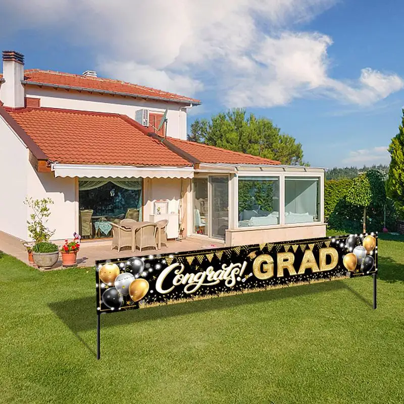 Outdoor Grad Banner Graduation Party Decorations Black and Gold Backdrop Graduation Party Supplies with Rope for Garden Yard