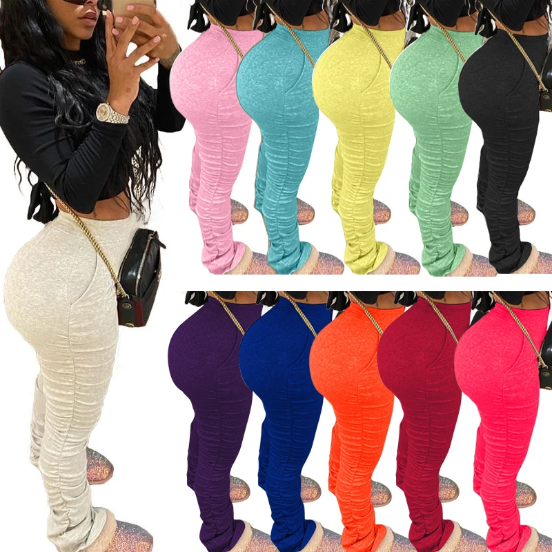 S 4XL Women Elastic Stacked Pants Leggings High Waist Flare Bell Bottom ...