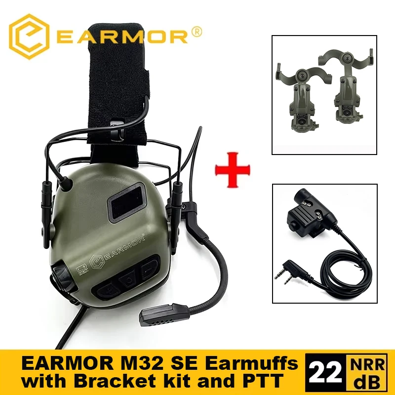 EARMOR M32 SE Shooting Earmuffs Tactical Noise Reduction Headset With Helmet ARC Rail Adapter With Kenwood PTT Adapter