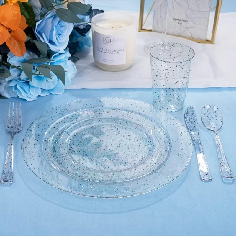 180PCS Glitter Plastic Plates with Glitter Disposable Silverware, Include 30Dinner Plates, 30Dessert Plates, 90Cutlerys, 30Cups