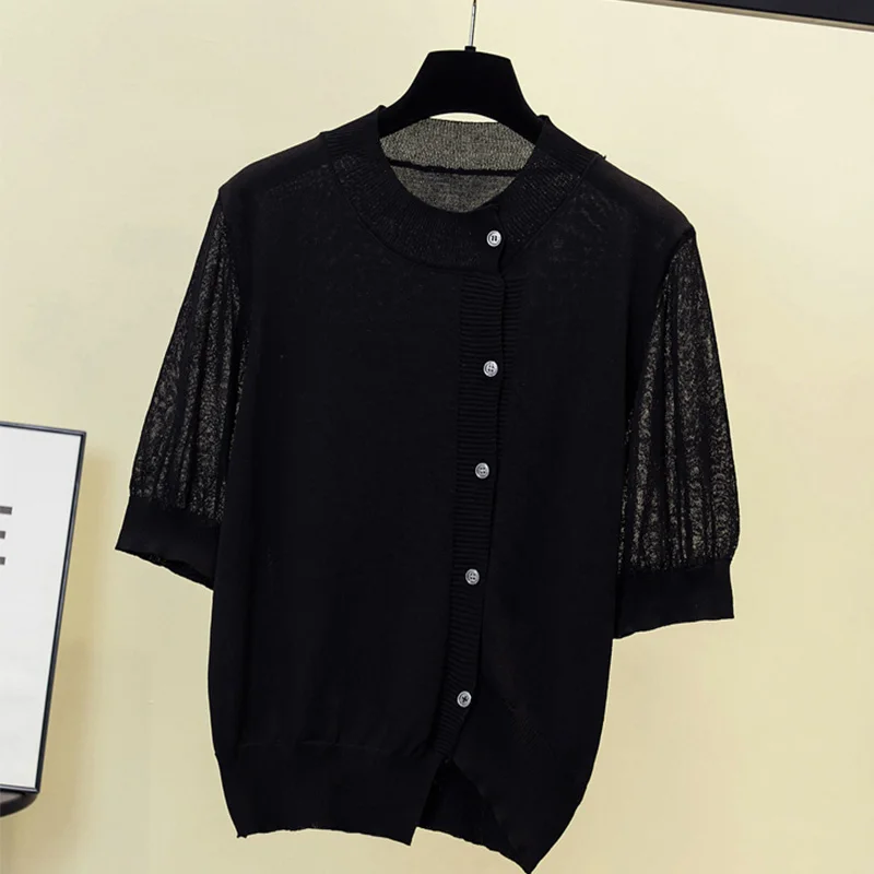 

2024 New Summer KPOP Fashion Style Retro Aesthetic Striped Knitting Women's Clothes Lace Button O Neck Short Sleeve Y2K Tops