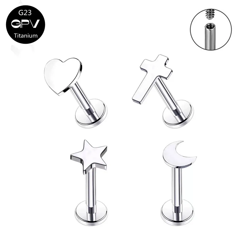 G23 Titanium F136 Stud Filo Interno Star Love Moon Cross Top Screw Piercing Ear Cartilagine Nail Piercing Jewelry