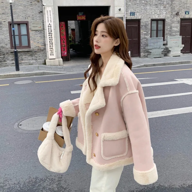 

Women's Casual Short Imitation Lamb Velvet Biker Jacket Autumn and Winter New Fashion Simple Women's Coat Female Outwears Chic