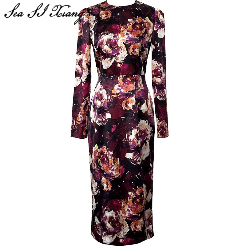 

Seasixiang Fashion Designer Spring Summer Silk Split Dress Women O-Neck Long Sleeve Floral Print Vintage Hip Wrap Pencil Dress