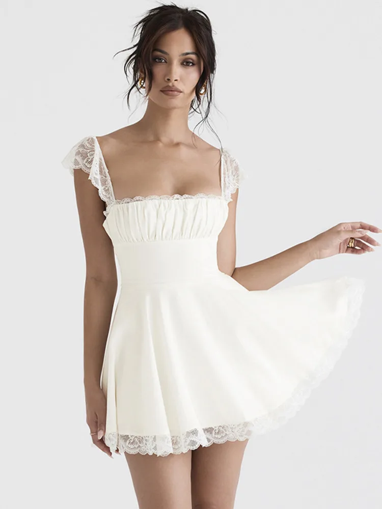 

Mozision Elegant White Lace Strap Mini Dress For Women Fashion Sleeveless Backless Loose Sexy Short Dresses Vestido Clubwear