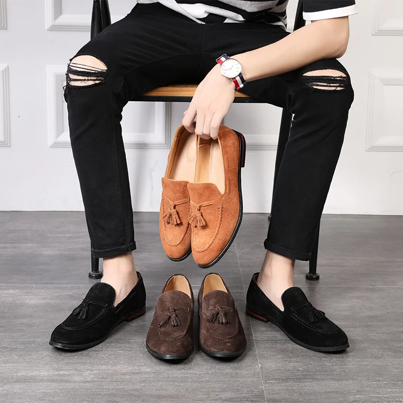 

Men's Loafers Brand Suede Leather Shoes Vintage Slip-on Classic Casual Men Driving Shoes Wedding Male Dress Shoes Tassel pointed