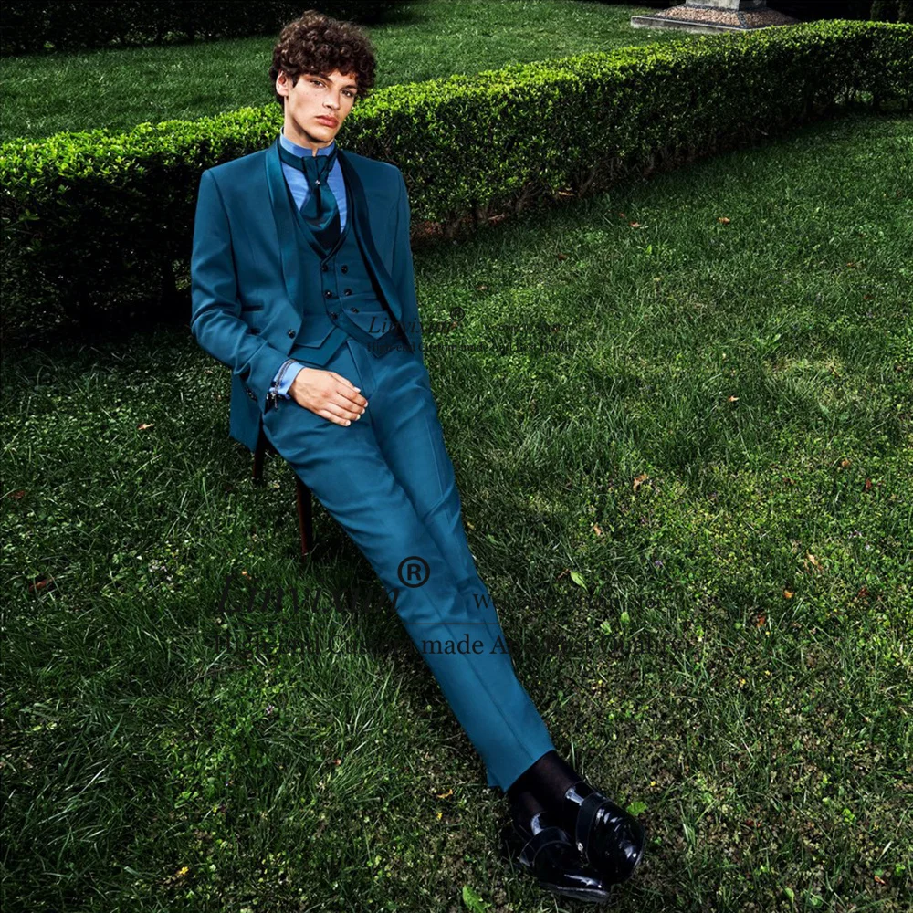 

Блестящий жаккардовый Свадебный костюм для мужчин, смокинги для жениха с лацканами, 3 предмета, комплекты для жениха, женский тонкий костюм для свадьбы