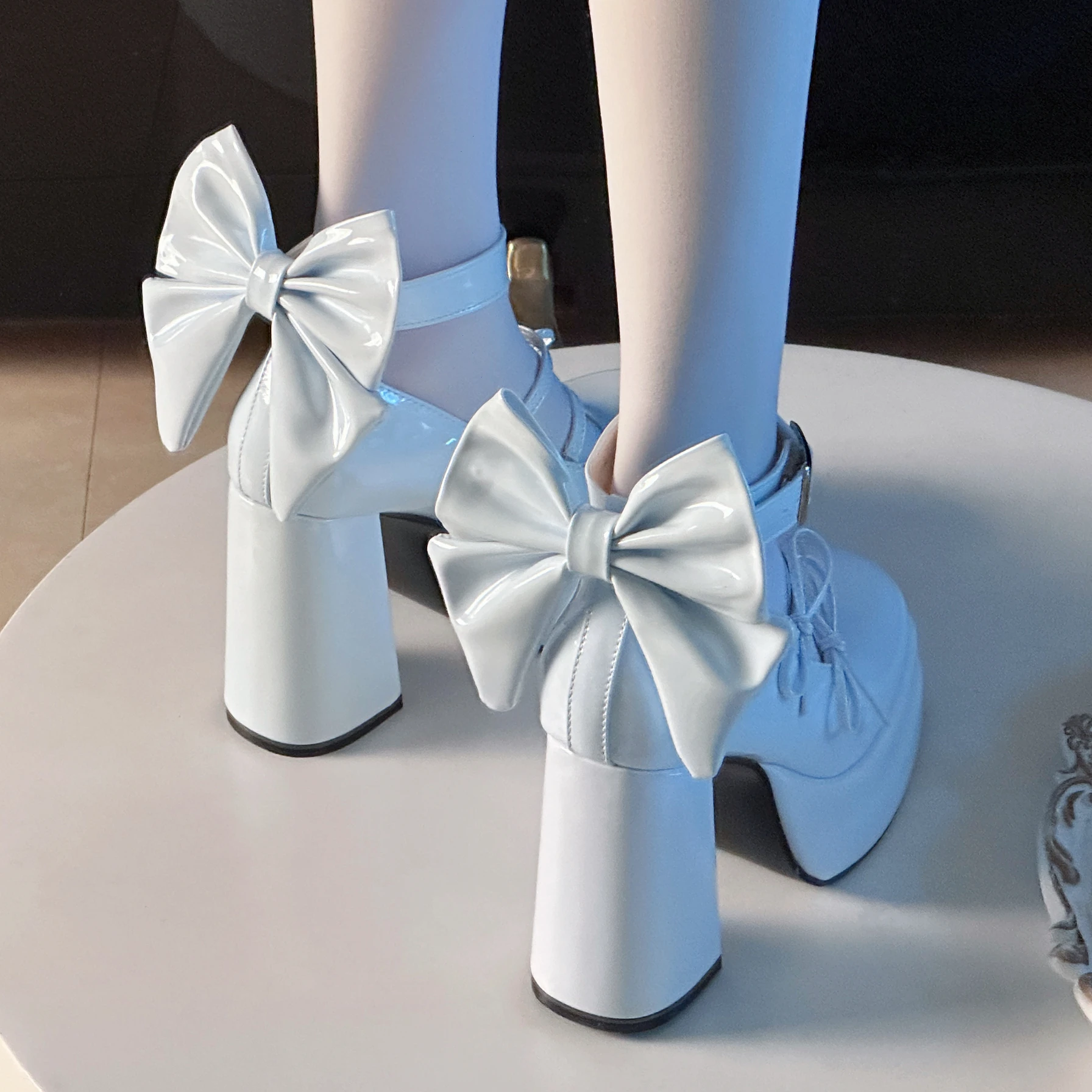Cute Sweet Square Round Head Mary Jane Shoes Elegant Ladies Waterproof Platform Super High Heels Big Bow Chunky Heels