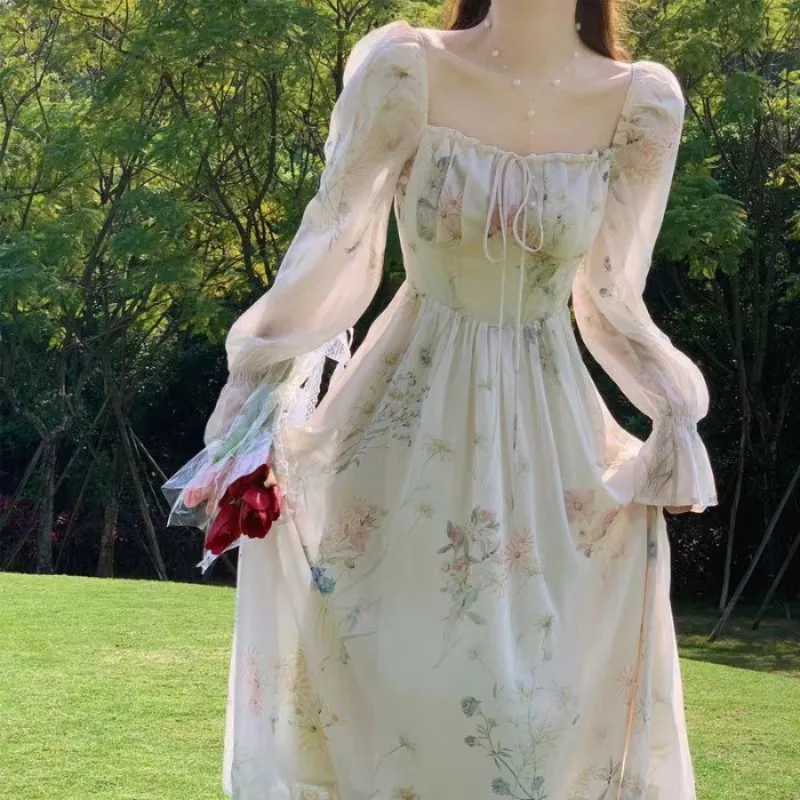 

Elegant Princess Party Dress Women High Waist A-line Lace Up Spring Summer French Vintage Prom Robe Korean Sweet Vestidos Mujer