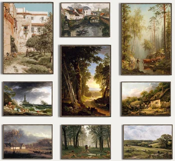 Pittura su tela Nordic Autunno Rural Farmhouse Foresta Montagna Fiume Paesaggio Stampa retrò Immagine di arte della parete Decorazioni per la casa Decorazioni da parete