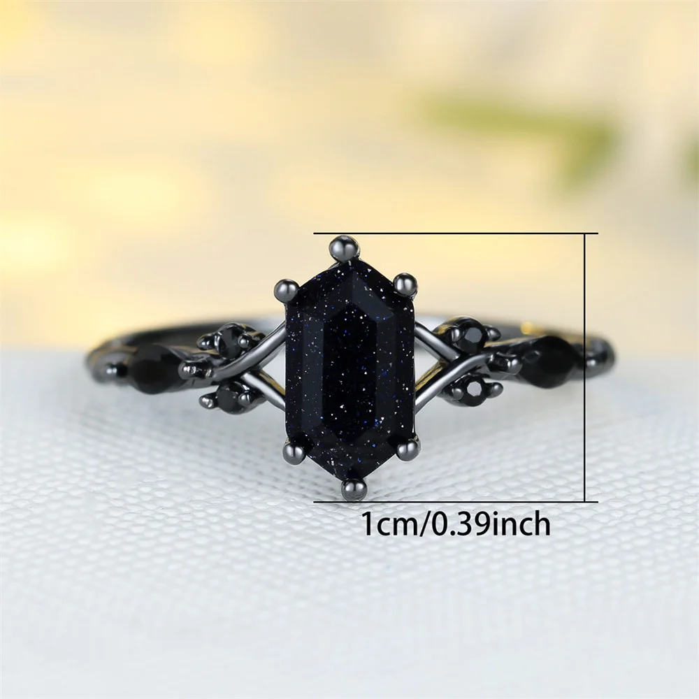 Geometric Stone Blue Crystal Black Zircon Rings For Women Vintage Black Metal Engagement Bands Wedding Jewelry Bridal Party Gift
