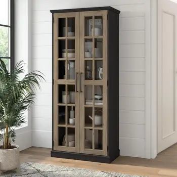 Furniture Westbrook Curio Cabinet with Glass Doors in Vintage Black/Restored Tan Hickory | Tall 5 Shelf Display Case for Living